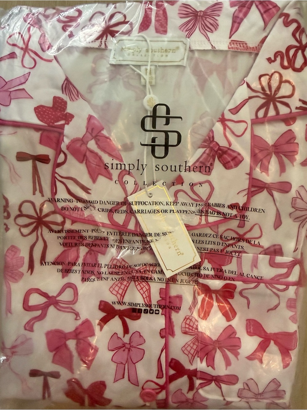 Simply Southern Women’s Pink Bow-Print Short Pajama Set, new with tags sz medium - Picture 5 of 5